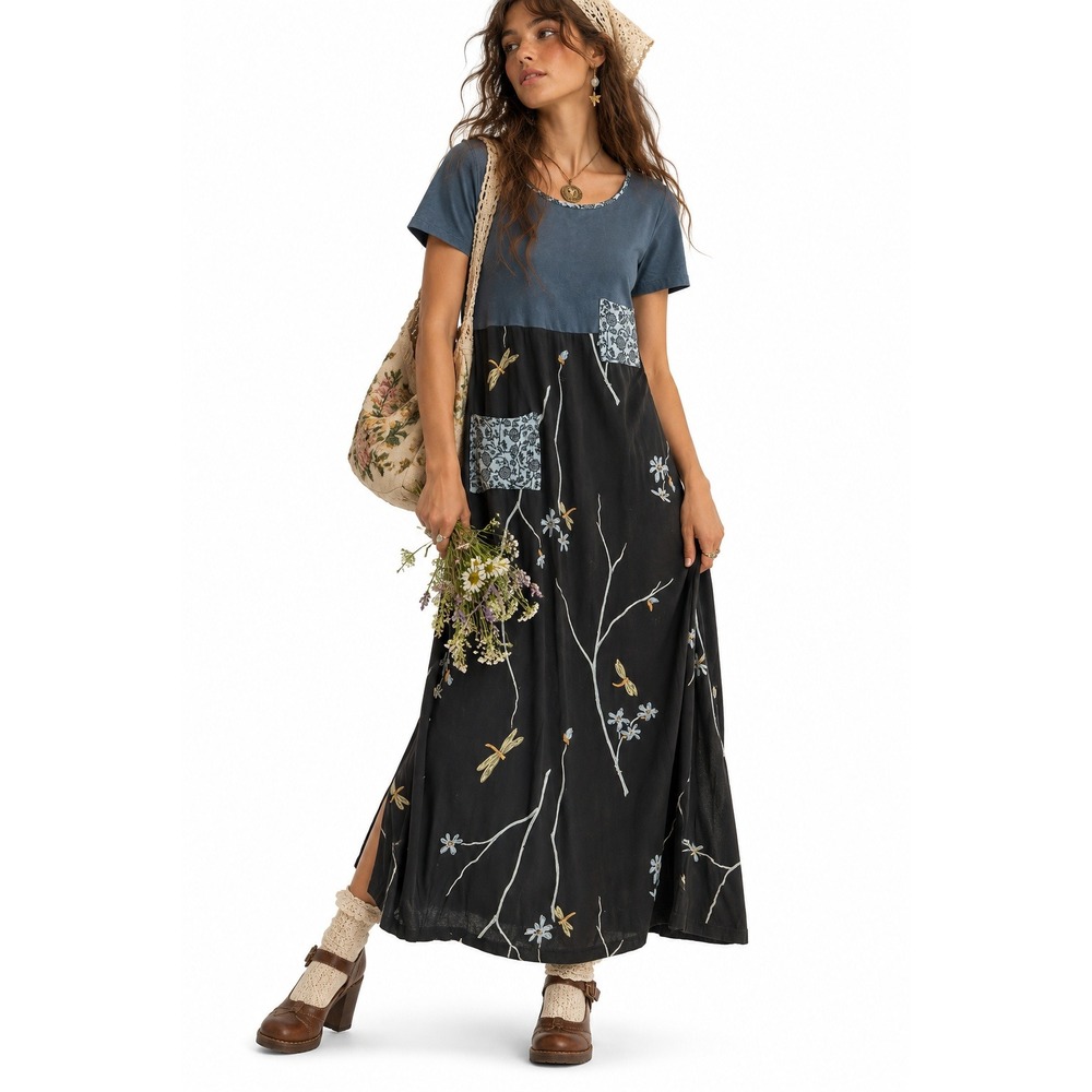 Pomegranates In The Sun Vintage Dragonfly Maxi Dress sz S Cottagecore 90s